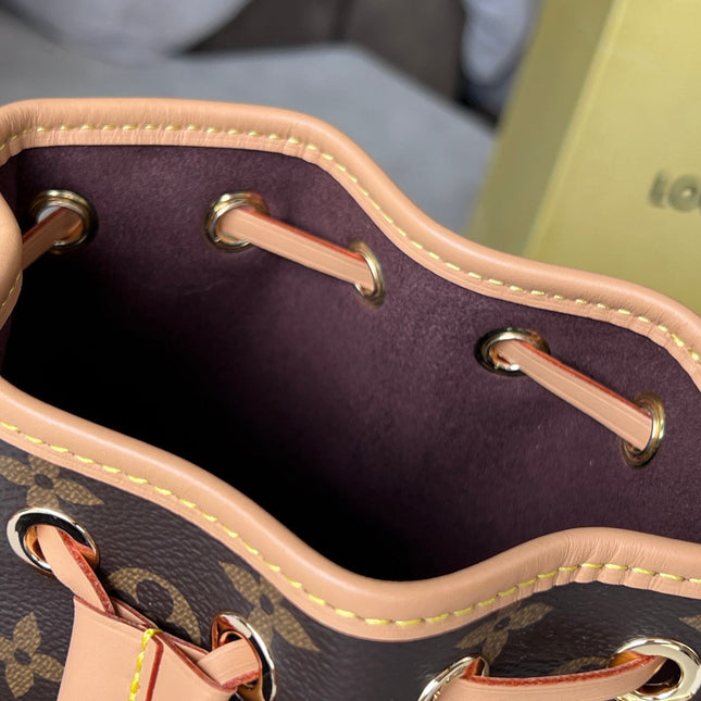 LV 25S NANO NOÉ 16 IN DARK BROWN MONOGRAM COATED CANVAS LEATHER TRIM
