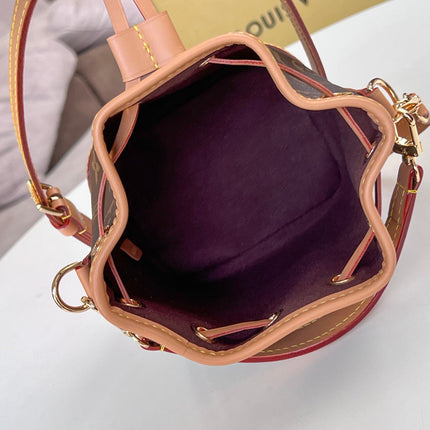 LV 25S NANO NOÉ 16 IN DARK BROWN MONOGRAM COATED CANVAS LEATHER TRIM