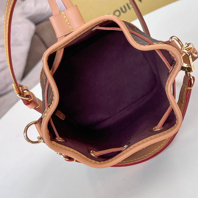 LV 25S NANO NOÉ 16 IN DARK BROWN MONOGRAM COATED CANVAS LEATHER TRIM