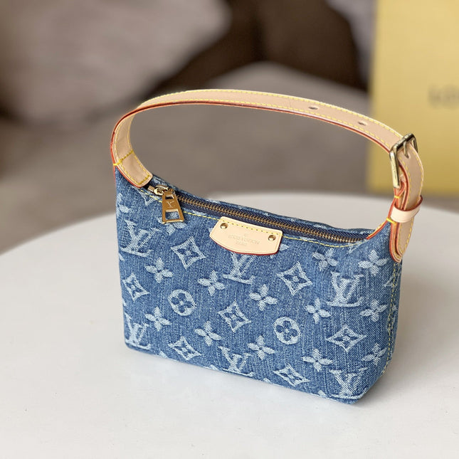 LV 25S HILLS POCHETTE 20 IN BLUE MONOGRAM DENIM CALFSKIN LEATHER STRAP