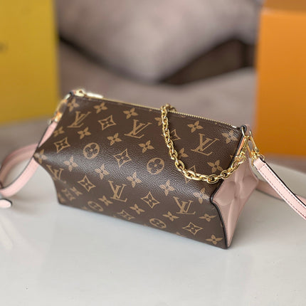 BLOOM POUCH 22 IN BROWN MONOGRAM CANVAS AND PASTEL PINK CALFSKIN SIDES