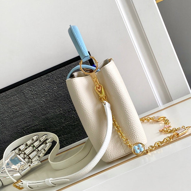 CAPUCINES BB 27 IN PEARL WHITE MIX SKY BLUE TAURILLON GOLD HARDWARE