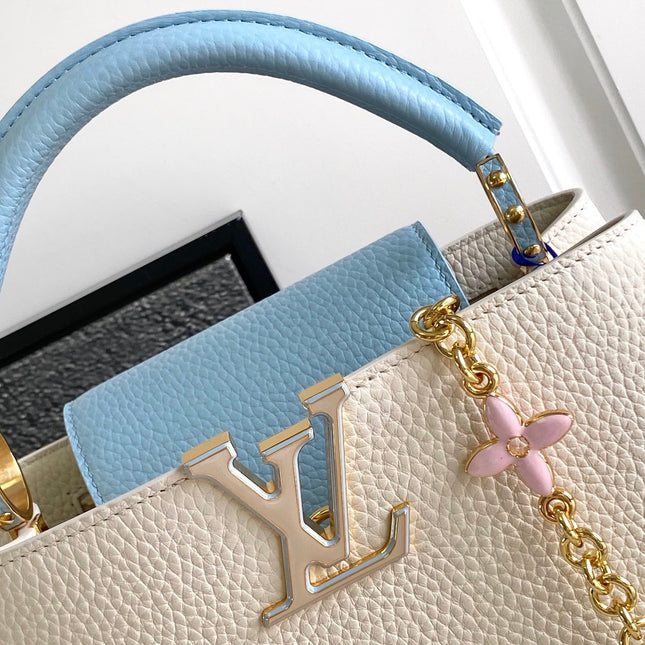 CAPUCINES BB 27 IN PEARL WHITE MIX SKY BLUE TAURILLON GOLD HARDWARE