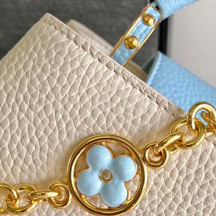 CAPUCINES BB 27 IN PEARL WHITE MIX SKY BLUE TAURILLON GOLD HARDWARE