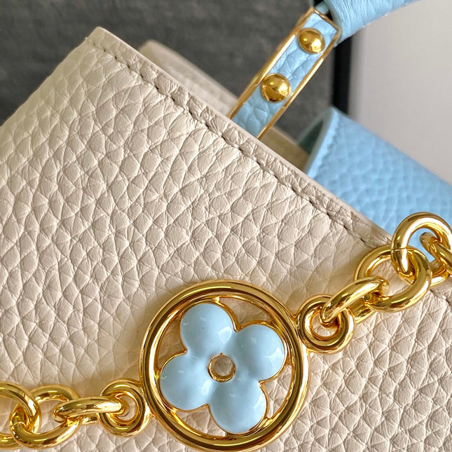 CAPUCINES BB 27 IN PEARL WHITE MIX SKY BLUE TAURILLON GOLD HARDWARE