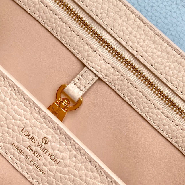 CAPUCINES BB 27 IN PEARL WHITE MIX SKY BLUE TAURILLON GOLD HARDWARE