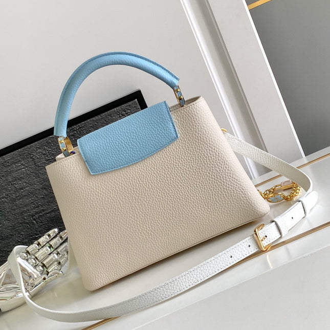 CAPUCINES BB 27 IN PEARL WHITE MIX SKY BLUE TAURILLON GOLD HARDWARE