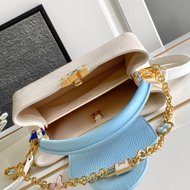 CAPUCINES BB 27 IN PEARL WHITE MIX SKY BLUE TAURILLON GOLD HARDWARE
