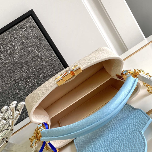 CAPUCINES MINI 21 IN PEARL WHITE MIX SKY BLUE TAURILLON GOLD HARDWARE