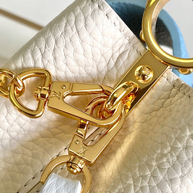CAPUCINES MINI 21 IN PEARL WHITE MIX SKY BLUE TAURILLON GOLD HARDWARE
