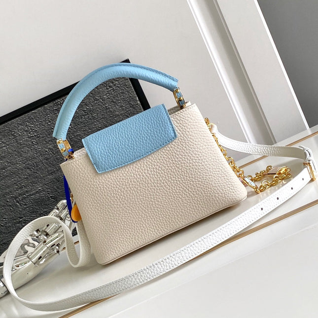 CAPUCINES MINI 21 IN PEARL WHITE MIX SKY BLUE TAURILLON GOLD HARDWARE