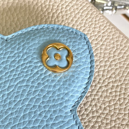 CAPUCINES MINI 21 IN PEARL WHITE MIX SKY BLUE TAURILLON GOLD HARDWARE