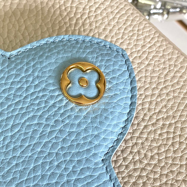 CAPUCINES MINI 21 IN PEARL WHITE MIX SKY BLUE TAURILLON GOLD HARDWARE