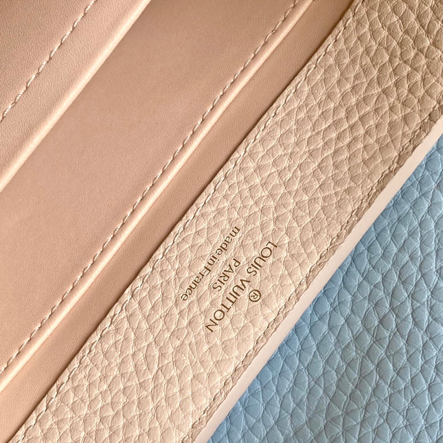 CAPUCINES MINI 21 IN PEARL WHITE MIX SKY BLUE TAURILLON GOLD HARDWARE