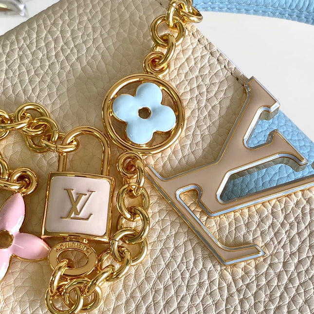 CAPUCINES MINI 21 IN PEARL WHITE MIX SKY BLUE TAURILLON GOLD HARDWARE