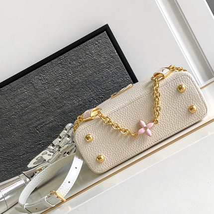 CAPUCINES MINI 21 IN PEARL WHITE MIX SKY BLUE TAURILLON GOLD HARDWARE