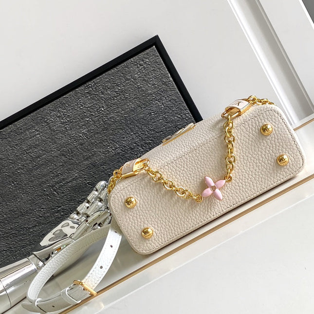 CAPUCINES MINI 21 IN PEARL WHITE MIX SKY BLUE TAURILLON GOLD HARDWARE