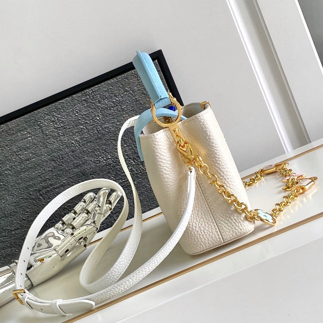 CAPUCINES MINI 21 IN PEARL WHITE MIX SKY BLUE TAURILLON GOLD HARDWARE