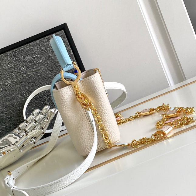 CAPUCINES NANO 16 IN PEARL WHITE MIX SKY BLUE TAURILLON GOLD HARDWARE