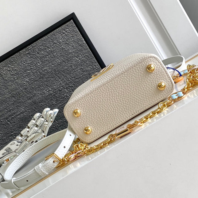 CAPUCINES NANO 16 IN PEARL WHITE MIX SKY BLUE TAURILLON GOLD HARDWARE