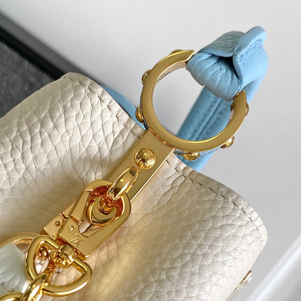 CAPUCINES NANO 16 IN PEARL WHITE MIX SKY BLUE TAURILLON GOLD HARDWARE