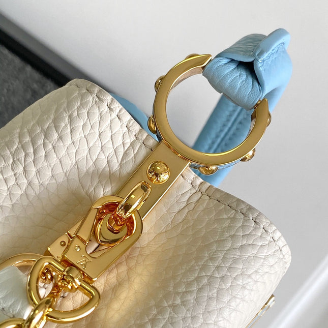 CAPUCINES NANO 16 IN PEARL WHITE MIX SKY BLUE TAURILLON GOLD HARDWARE