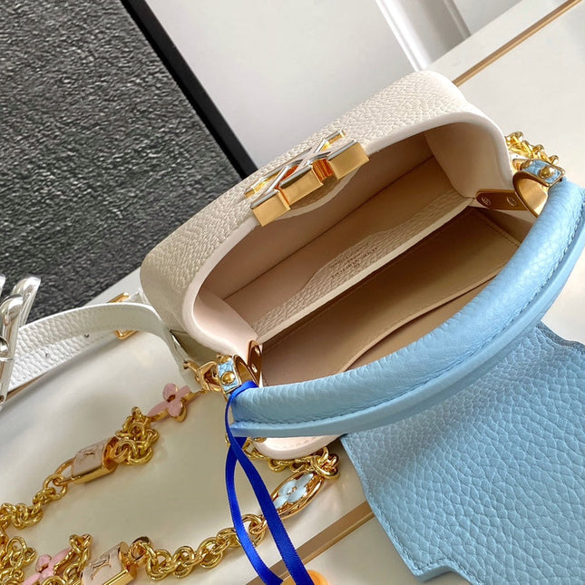 CAPUCINES NANO 16 IN PEARL WHITE MIX SKY BLUE TAURILLON GOLD HARDWARE