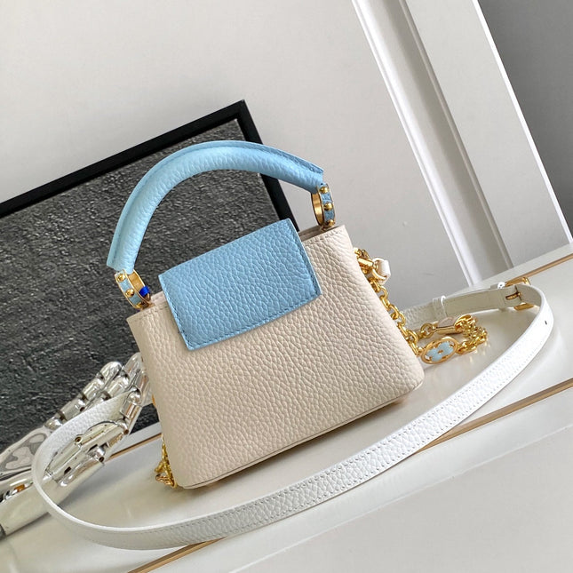 CAPUCINES NANO 16 IN PEARL WHITE MIX SKY BLUE TAURILLON GOLD HARDWARE