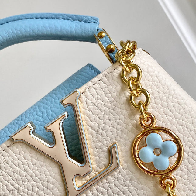 CAPUCINES NANO 16 IN PEARL WHITE MIX SKY BLUE TAURILLON GOLD HARDWARE