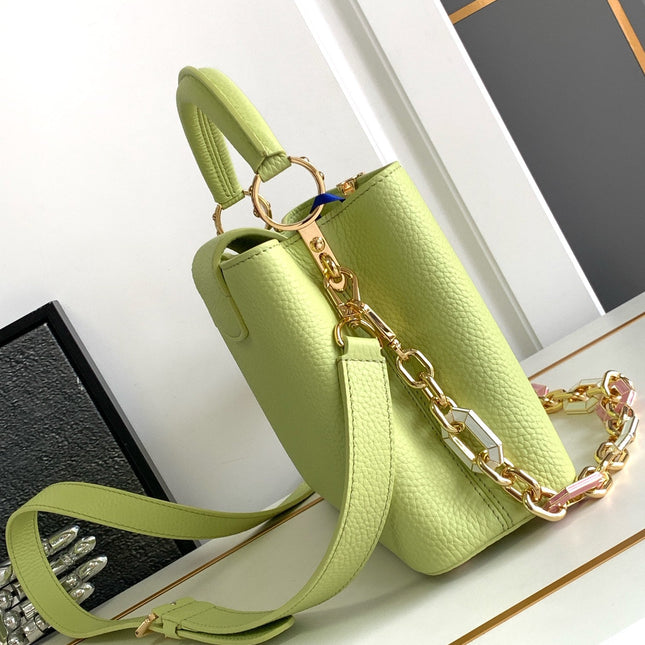 CAPUCINES BB 27 IN PEAR GREEN TAURILLON GOLD HARDWARE