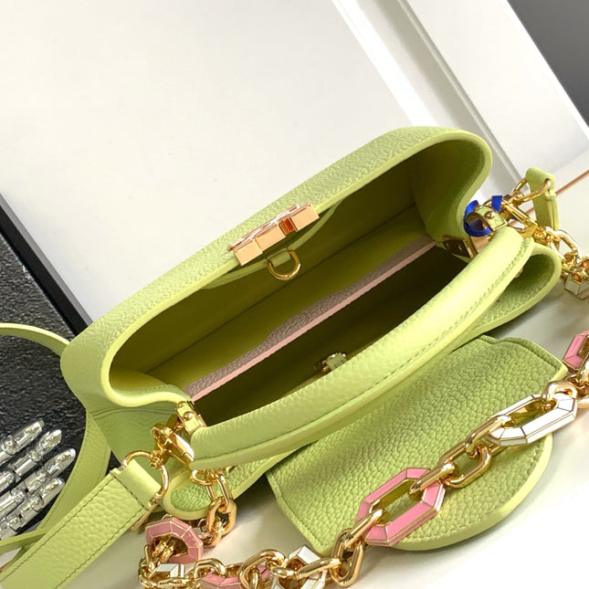 CAPUCINES BB 27 IN PEAR GREEN TAURILLON GOLD HARDWARE
