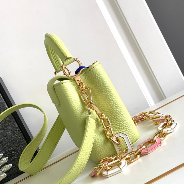 CAPUCINES MINI 21 IN PEAR GREEN TAURILLON GOLD HARDWARE
