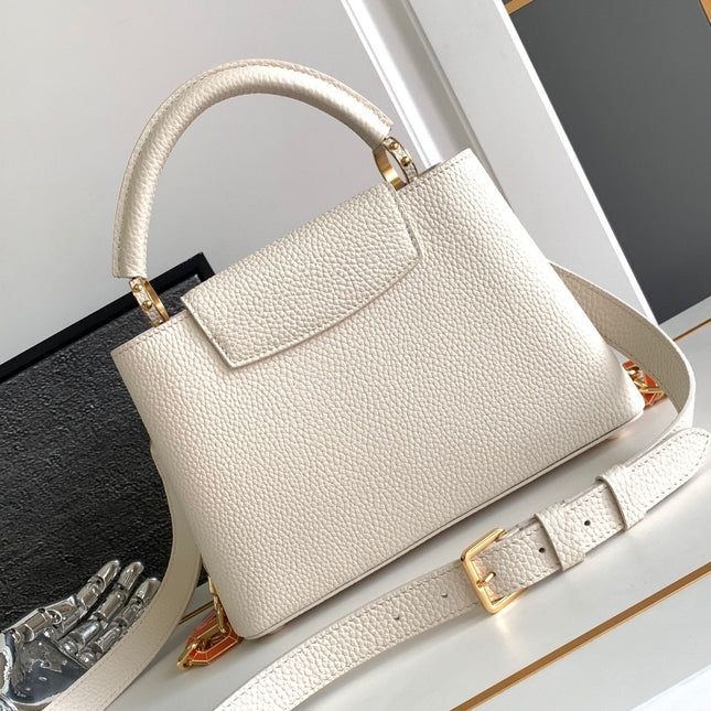 CAPUCINES BB 27 IN PEARL WHITE TAURILLON GOLD HARDWARE