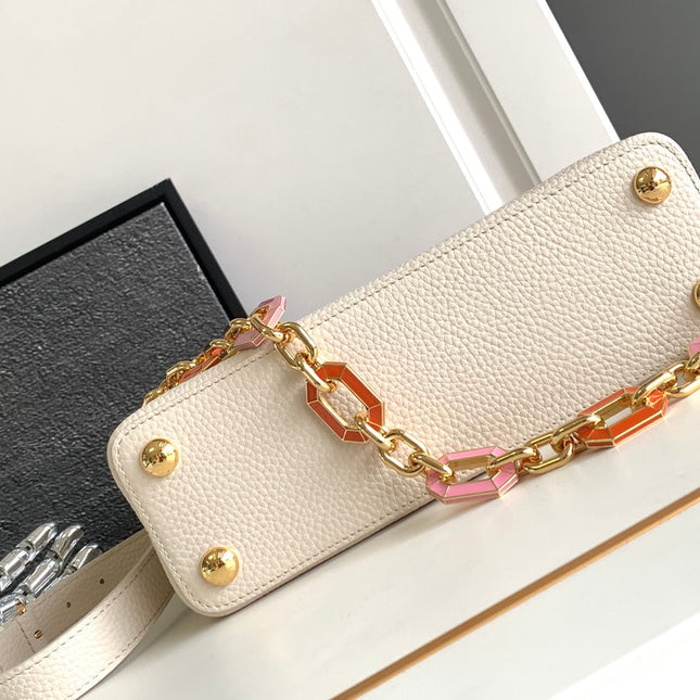 CAPUCINES BB 27 IN PEARL WHITE TAURILLON GOLD HARDWARE
