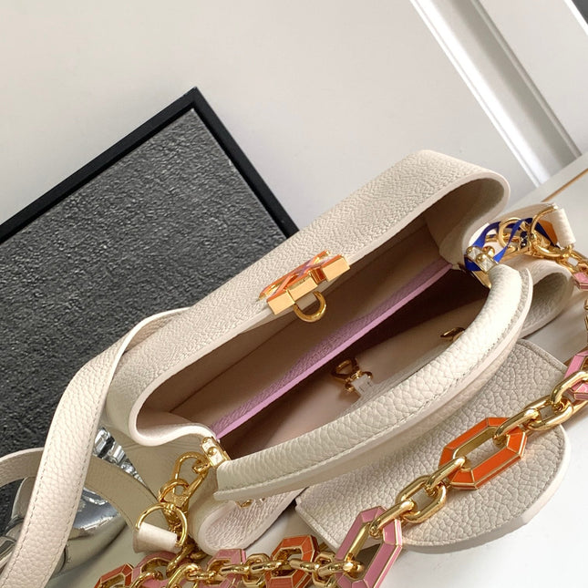 CAPUCINES BB 27 IN PEARL WHITE TAURILLON GOLD HARDWARE