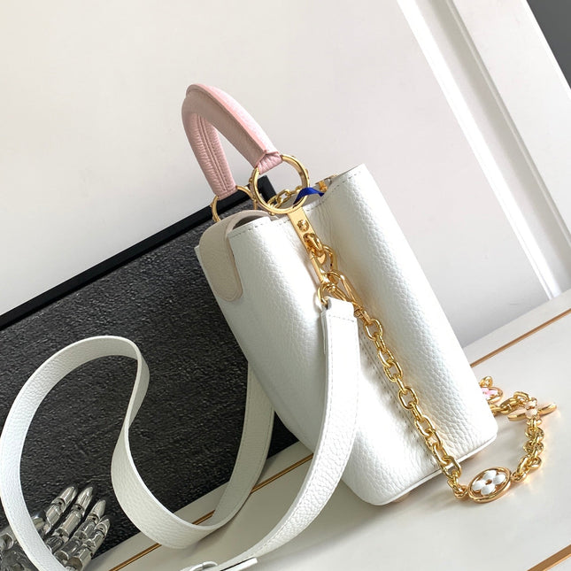CAPUCINES BB 27 IN WHITE MIX PINK AND BEIGE TAURILLON GOLD HARDWARE