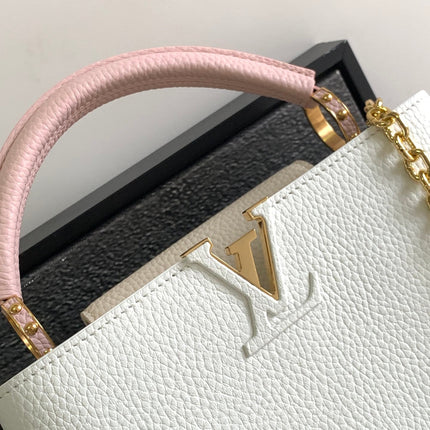 CAPUCINES BB 27 IN WHITE MIX PINK AND BEIGE TAURILLON GOLD HARDWARE