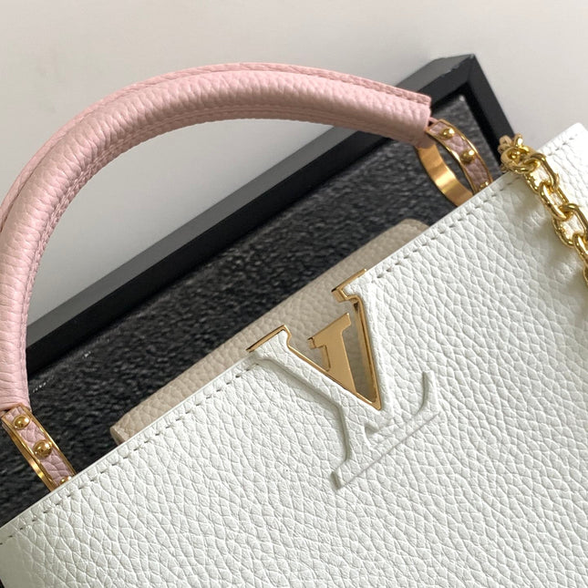 CAPUCINES BB 27 IN WHITE MIX PINK AND BEIGE TAURILLON GOLD HARDWARE