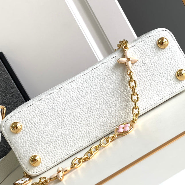 CAPUCINES BB 27 IN WHITE MIX PINK AND BEIGE TAURILLON GOLD HARDWARE