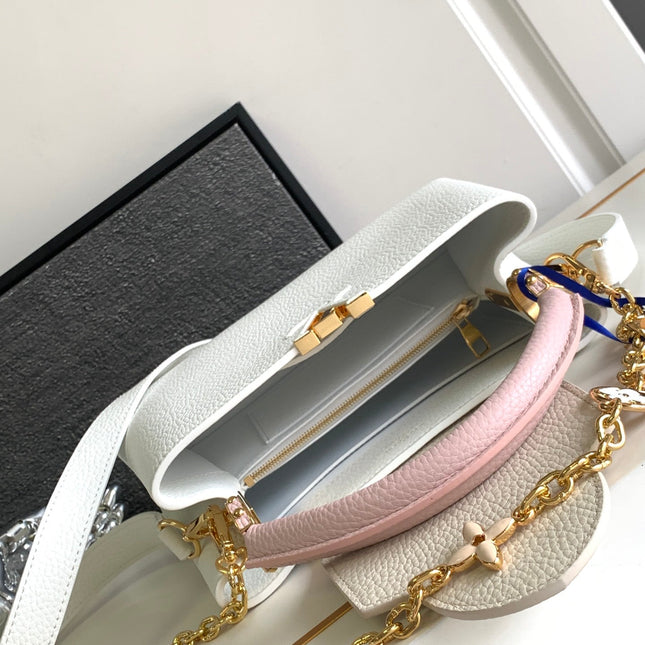 CAPUCINES BB 27 IN WHITE MIX PINK AND BEIGE TAURILLON GOLD HARDWARE