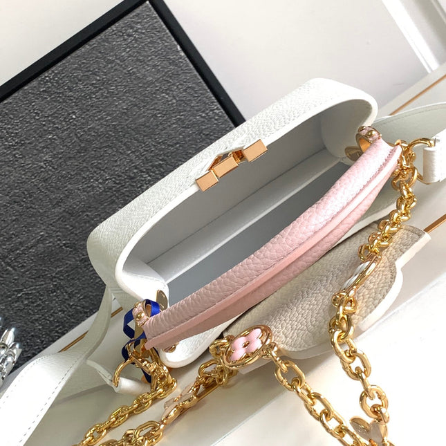 CAPUCINES MINI 21 IN WHITE MIX PINK AND BEIGE TAURILLON GOLD HARDWARE