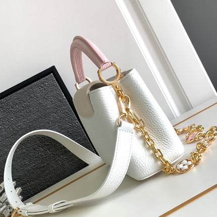 CAPUCINES MINI 21 IN WHITE MIX PINK AND BEIGE TAURILLON GOLD HARDWARE