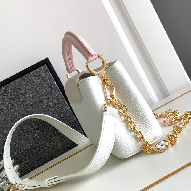 CAPUCINES MINI 21 IN WHITE MIX PINK AND BEIGE TAURILLON GOLD HARDWARE