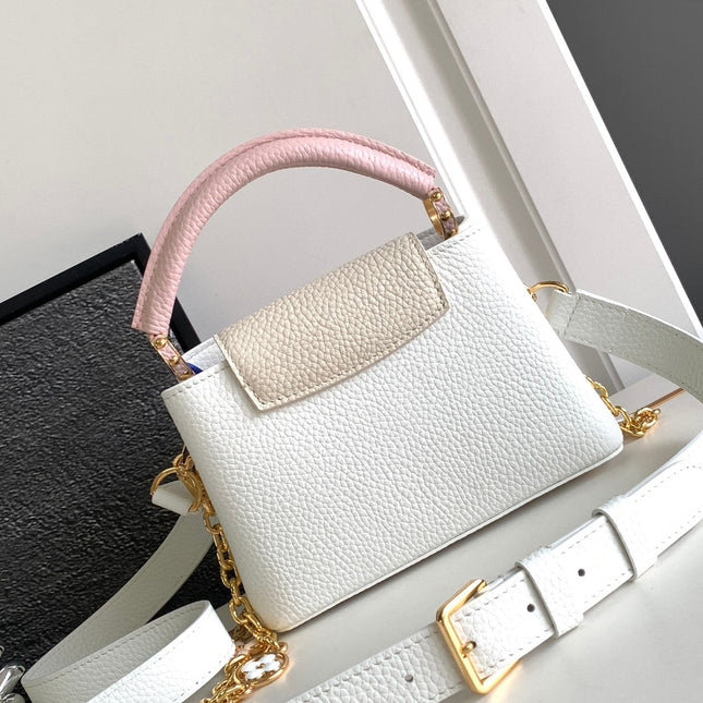 CAPUCINES MINI 21 IN WHITE MIX PINK AND BEIGE TAURILLON GOLD HARDWARE