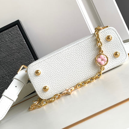 CAPUCINES MINI 21 IN WHITE MIX PINK AND BEIGE TAURILLON GOLD HARDWARE