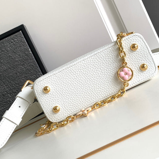 CAPUCINES MINI 21 IN WHITE MIX PINK AND BEIGE TAURILLON GOLD HARDWARE