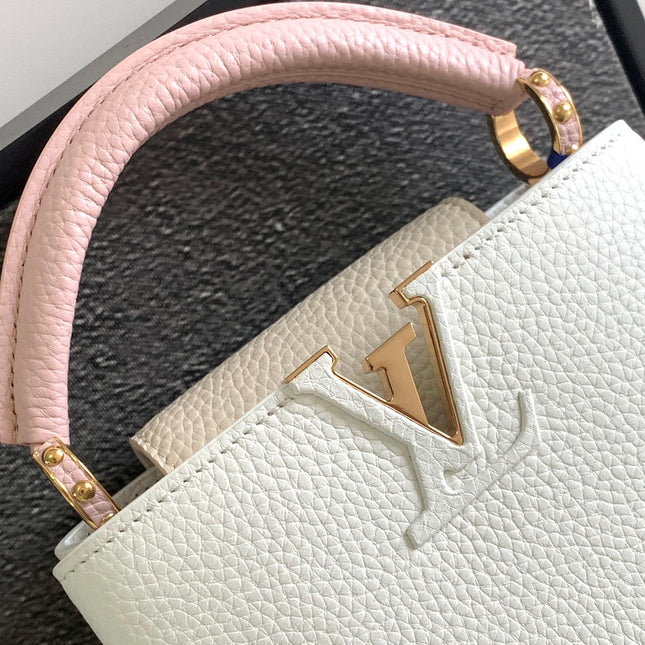CAPUCINES MINI 21 IN WHITE MIX PINK AND BEIGE TAURILLON GOLD HARDWARE
