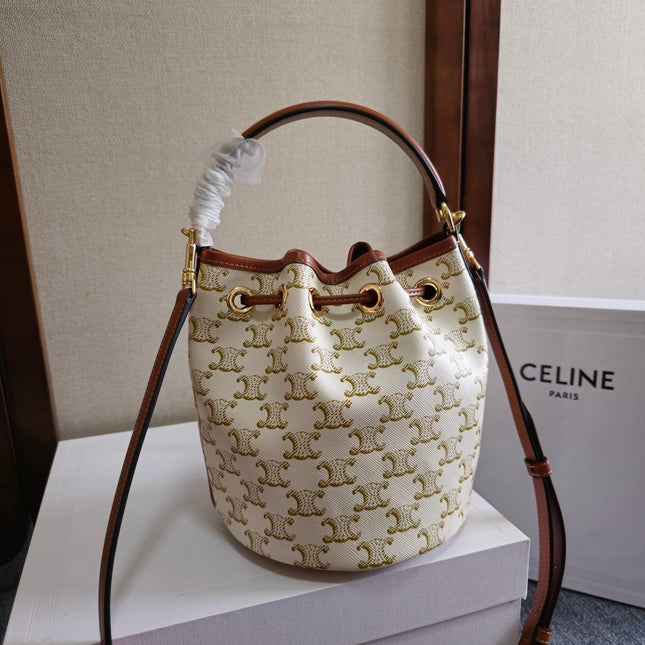 CLARA BAG 19 IN WHITE TRIOMPHE CANVAS AND BROWN CALFSKIN TRIM