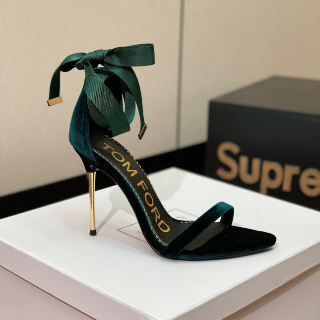 ANKLE SANDAL 10 CM IN GREEN FOREST VELVET AND SILK