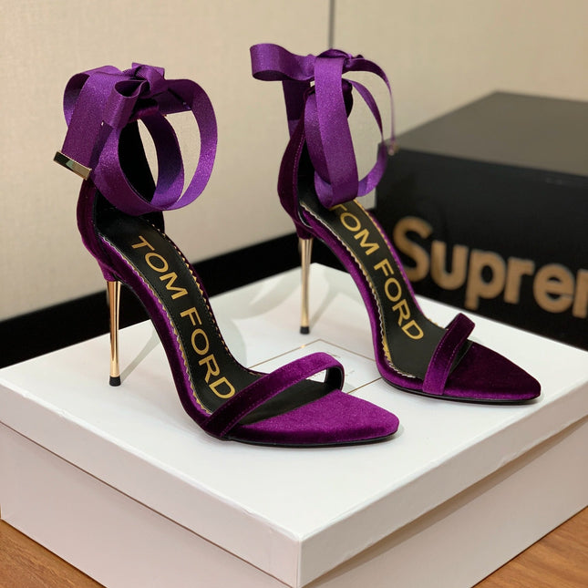 ANKLE SANDAL 10 CM IN PLUM PURPLE VELVET AND SILK